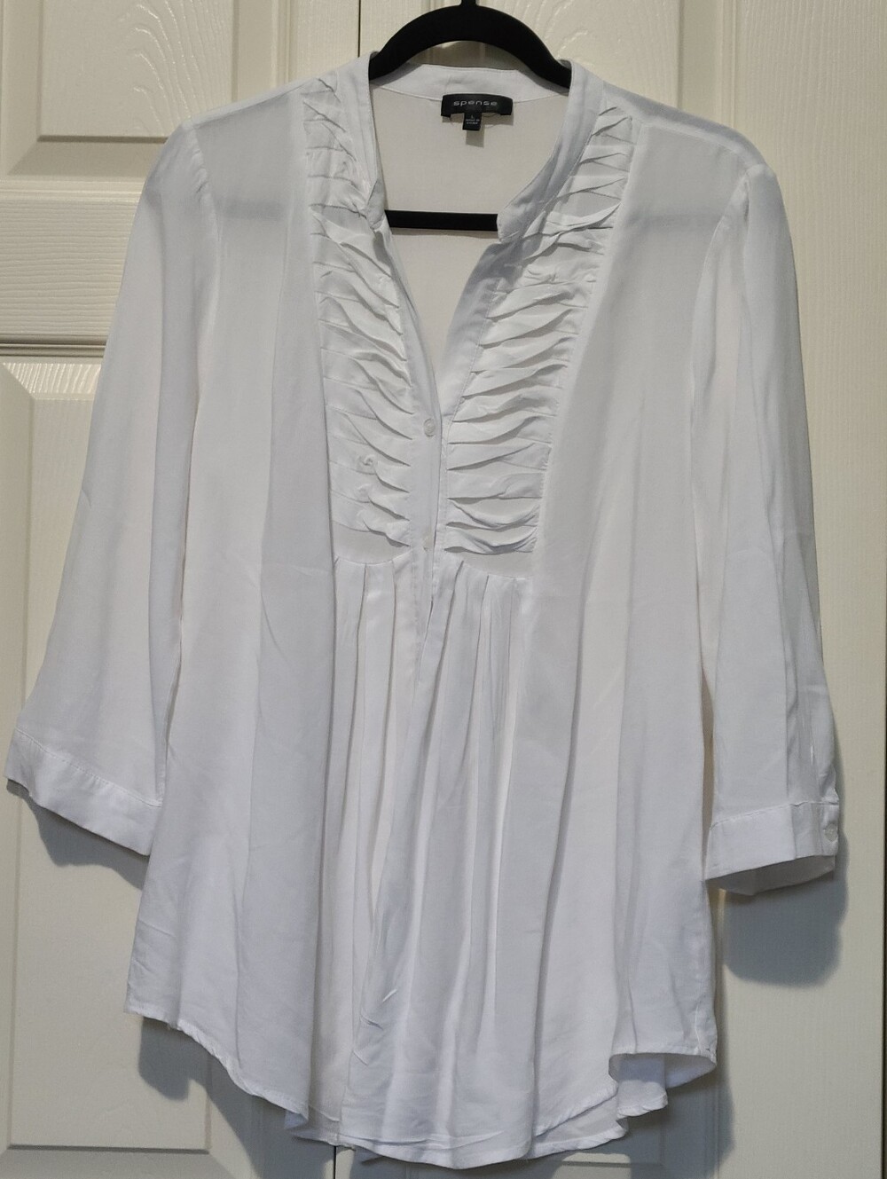 Spense White Pleated V-Neck 100% Viscose Rouched Blouse 3/4 Sleeve Size Large